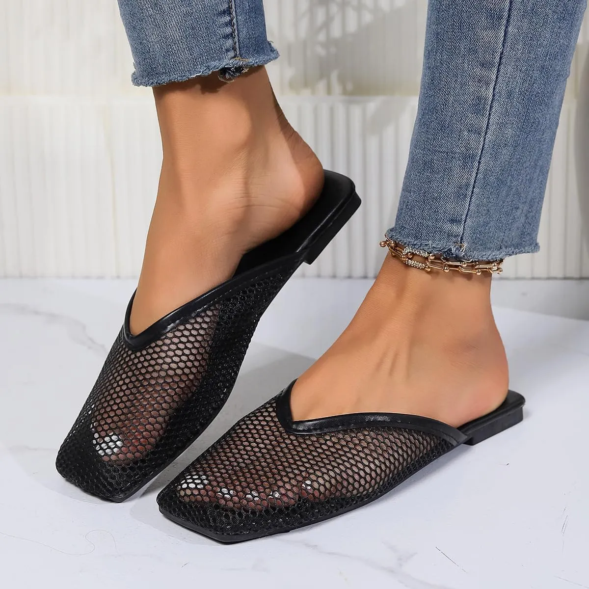 Women's Square Toe Mesh Flats Mesh Slippers Sandals for Women, Stretch Fishnet Stockings Hollow Short Flat Shoes (Black,8.5)