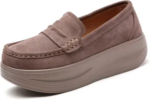 Women's Suede Platform Wedge Slip On Loafers,Fashion Low Top Round Toe Non-Slip Moccasin Walking Shoes Comfortable Wedge Sneakers