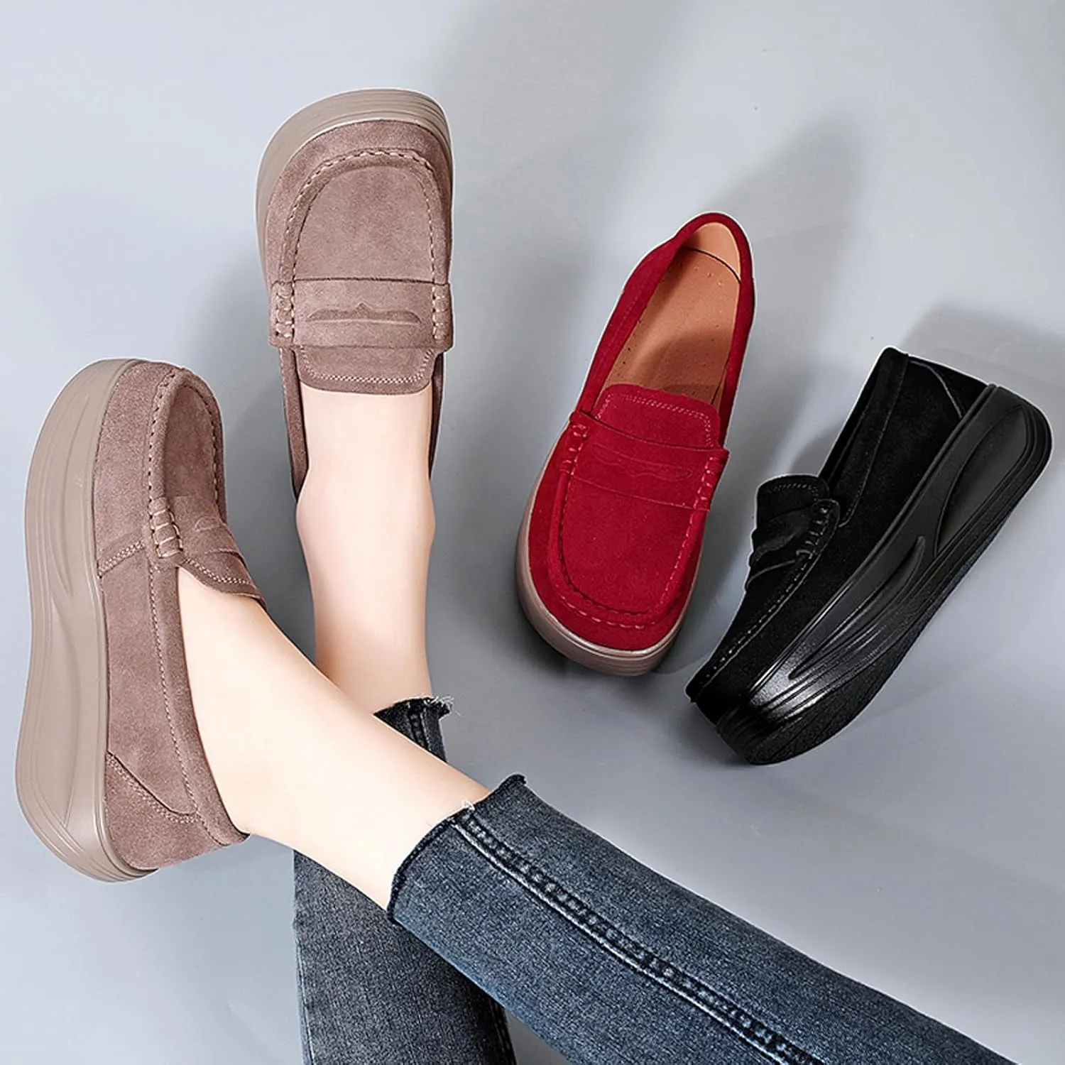 Women's Suede Platform Wedge Slip On Loafers,Fashion Low Top Round Toe Non-Slip Moccasin Walking Shoes Comfortable Wedge Sneakers