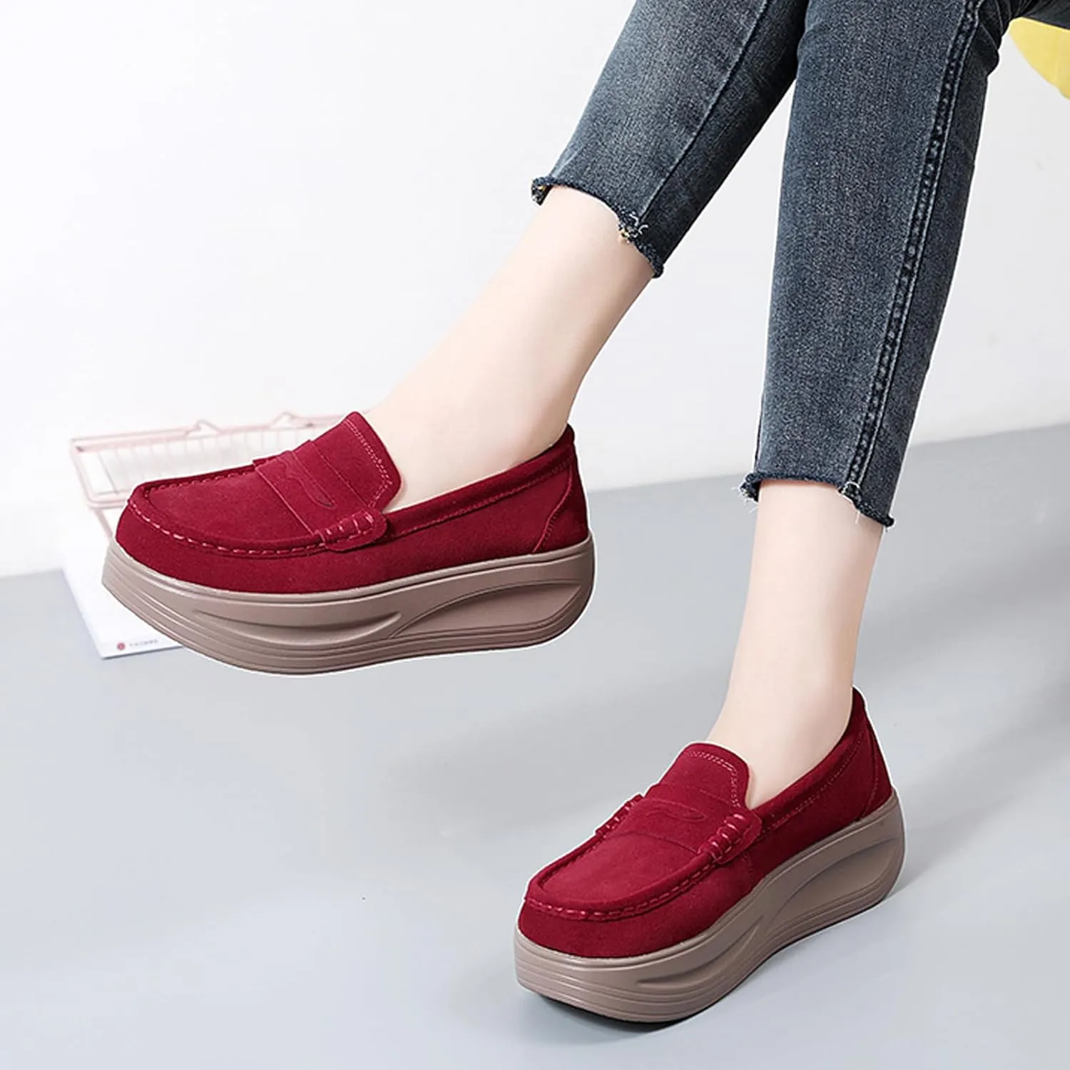 Women's Suede Platform Wedge Slip On Loafers,Fashion Low Top Round Toe Non-Slip Moccasin Walking Shoes Comfortable Wedge Sneakers