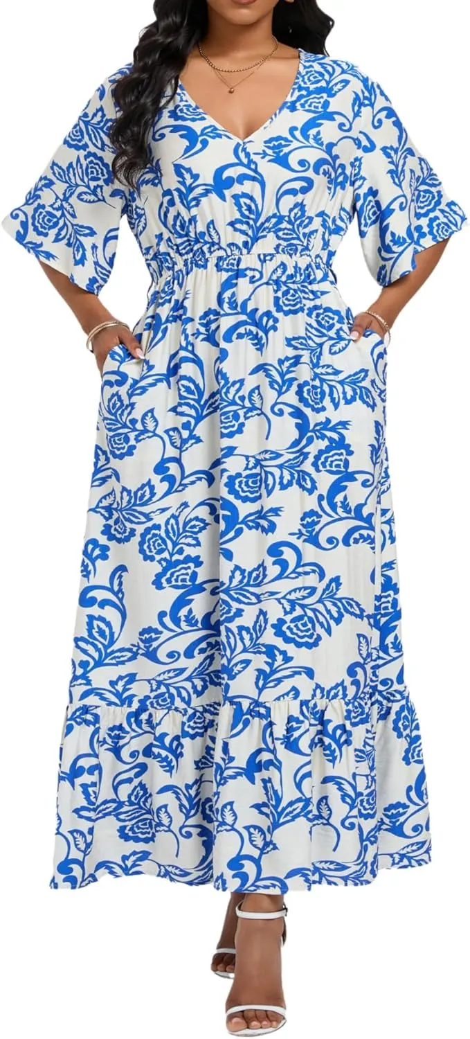 Women's Summer Half Sleeve Maxi Floral Dresses with Pockets