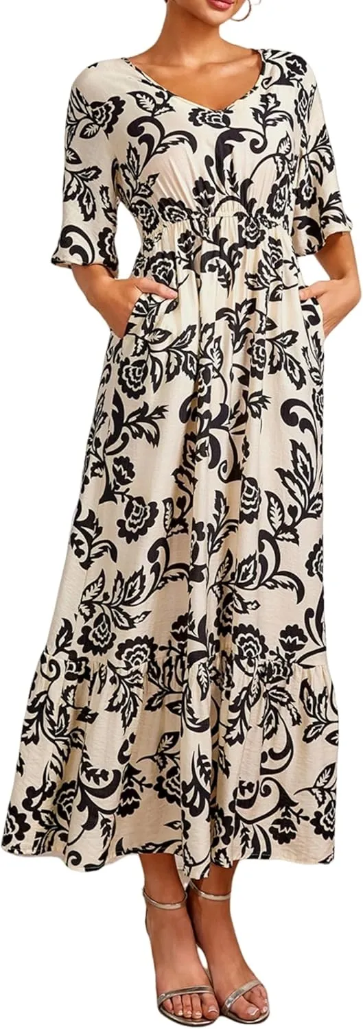 Women's Summer Half Sleeve Maxi Floral Dresses with Pockets