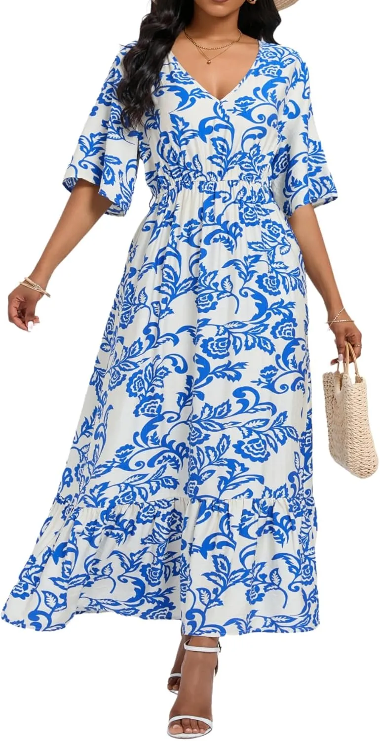 Women's Summer Half Sleeve Maxi Floral Dresses with Pockets