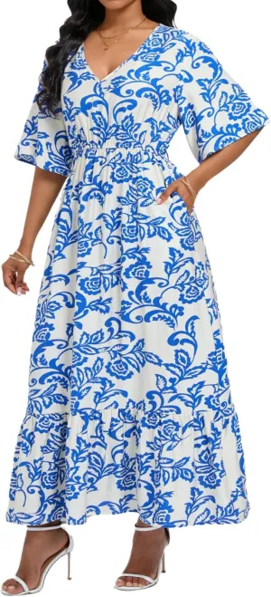 Women's Summer Half Sleeve Maxi Floral Dresses with Pockets