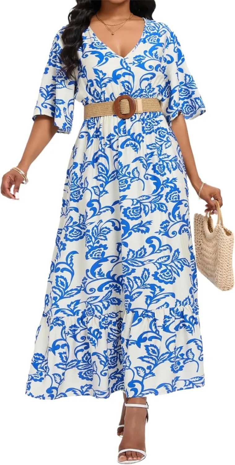 Women's Summer Half Sleeve Maxi Floral Dresses with Pockets