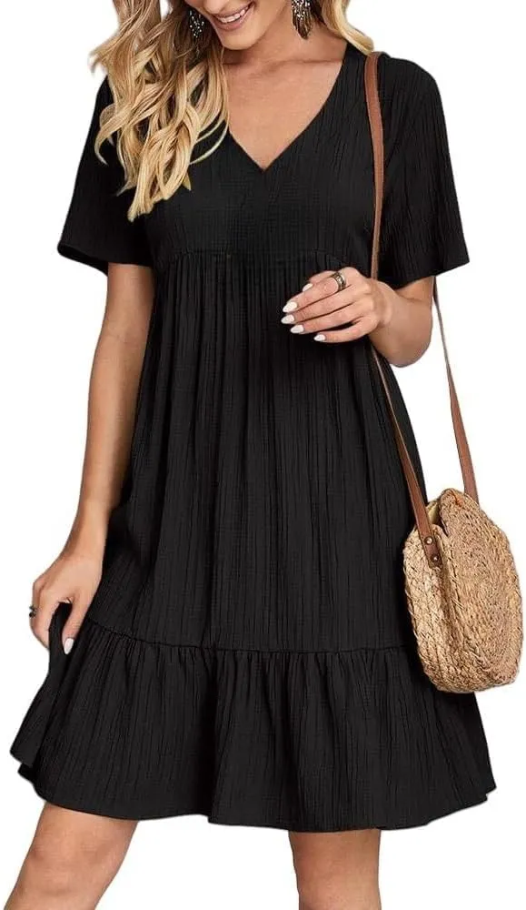 Womens Summer Pleated Ruffle Flowy Beach Sundresses, Short Sleeve V Neck Vacation T Shirt Dress Beach Sundresses
