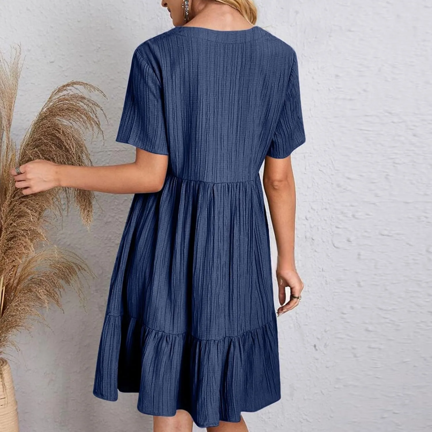 Womens Summer Pleated Ruffle Flowy Beach Sundresses, Short Sleeve V Neck Vacation T Shirt Dress Beach Sundresses