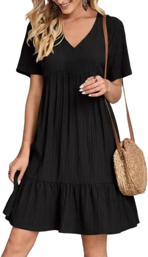 Womens Summer Pleated Ruffle Flowy Beach Sundresses, Short Sleeve V Neck Vacation T Shirt Dress Beach Sundresses