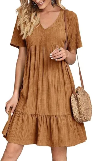 Womens Summer Pleated Ruffle Flowy Beach Sundresses, Short Sleeve V Neck Vacation T Shirt Dress Beach Sundresses