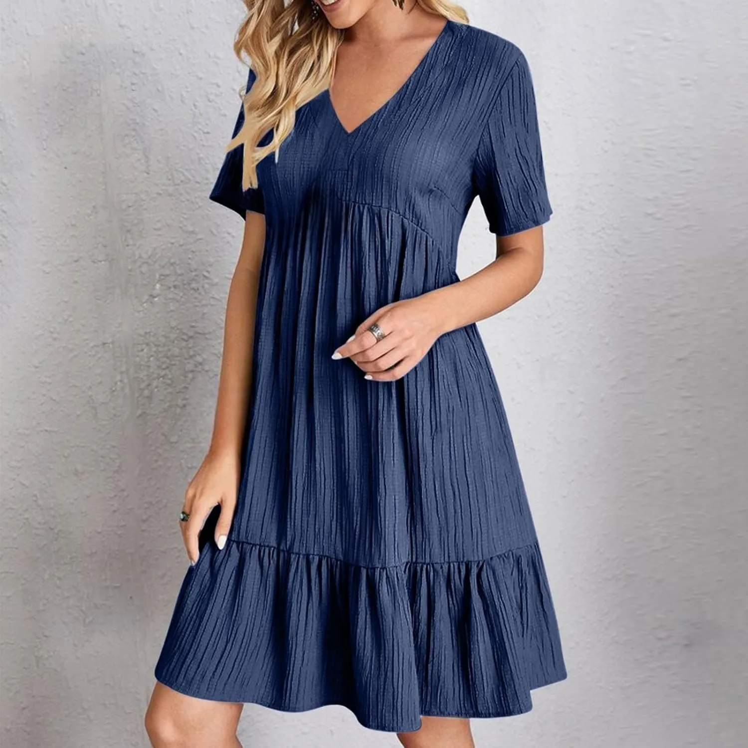 Womens Summer Pleated Ruffle Flowy Beach Sundresses, Short Sleeve V Neck Vacation T Shirt Dress Beach Sundresses