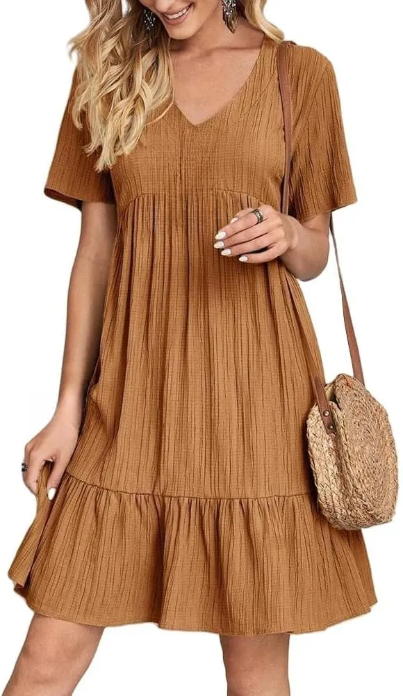 Womens Summer Pleated Ruffle Flowy Beach Sundresses, Short Sleeve V Neck Vacation T Shirt Dress Beach Sundresses