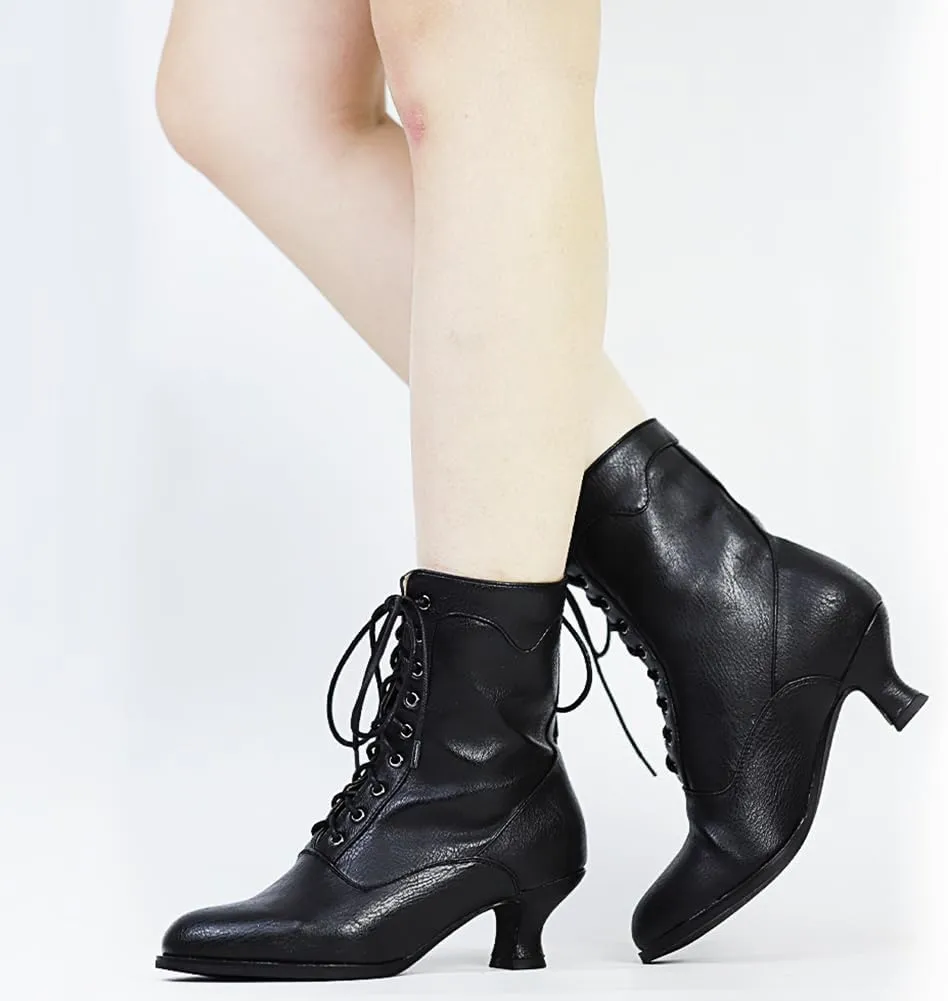 Women's Victorian Ankle Boots - Mid Calf, Round Toe, Black Boots with Chunky Heel & Lace Up Detail