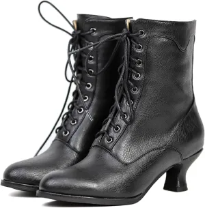 Women's Victorian Ankle Boots - Mid Calf, Round Toe, Black Boots with Chunky Heel & Lace Up Detail