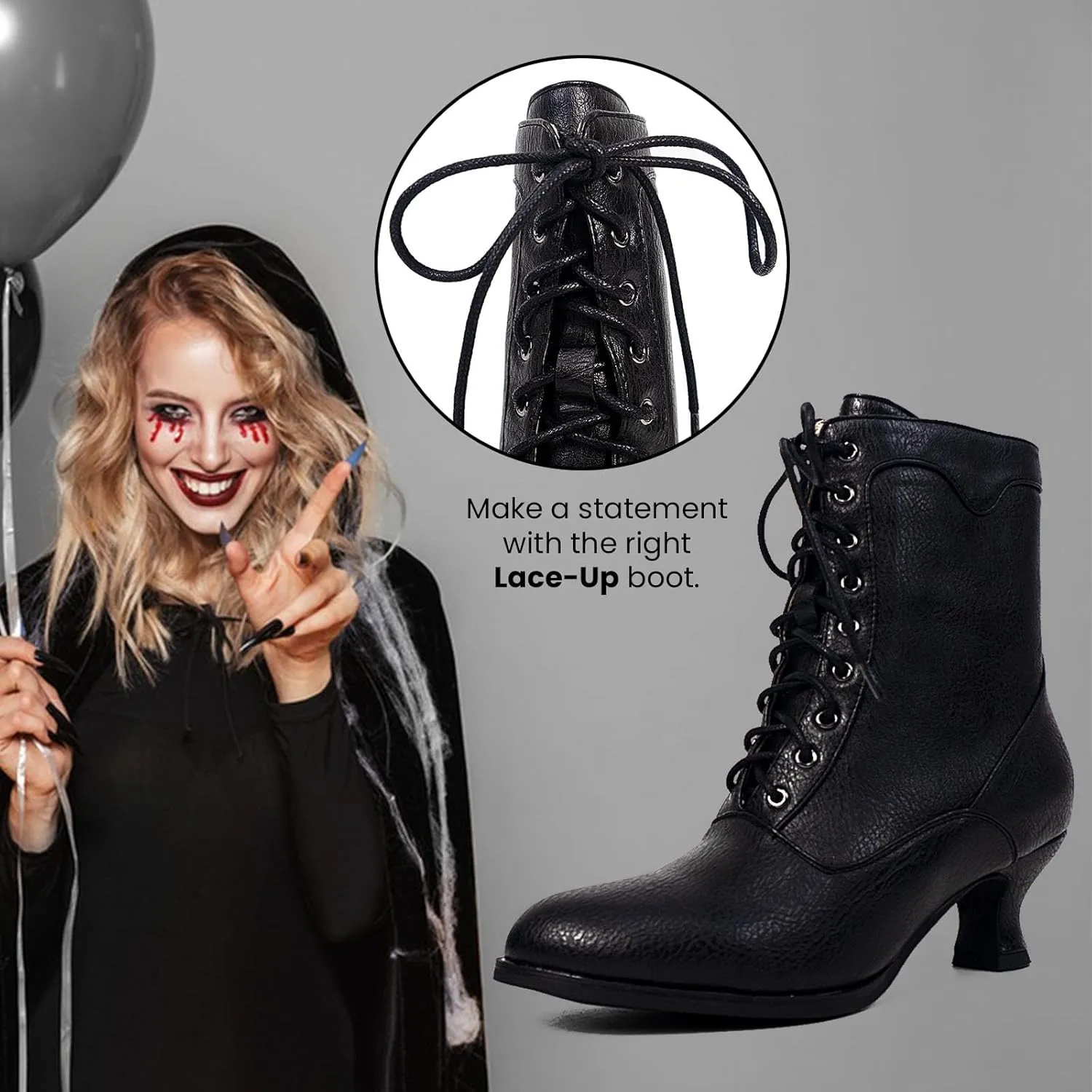 Women's Victorian Ankle Boots - Mid Calf, Round Toe, Black Boots with Chunky Heel & Lace Up Detail