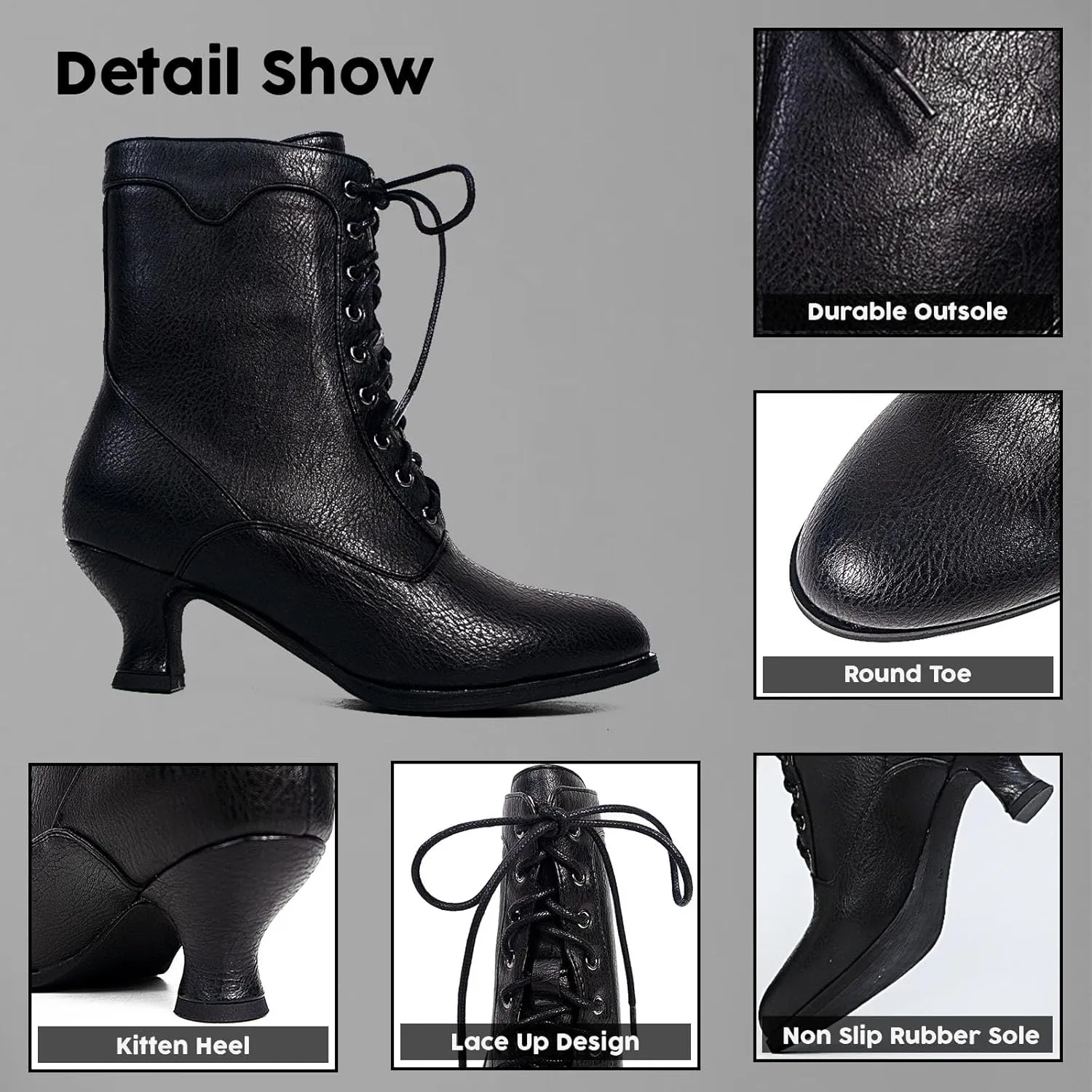 Women's Victorian Ankle Boots - Mid Calf, Round Toe, Black Boots with Chunky Heel & Lace Up Detail