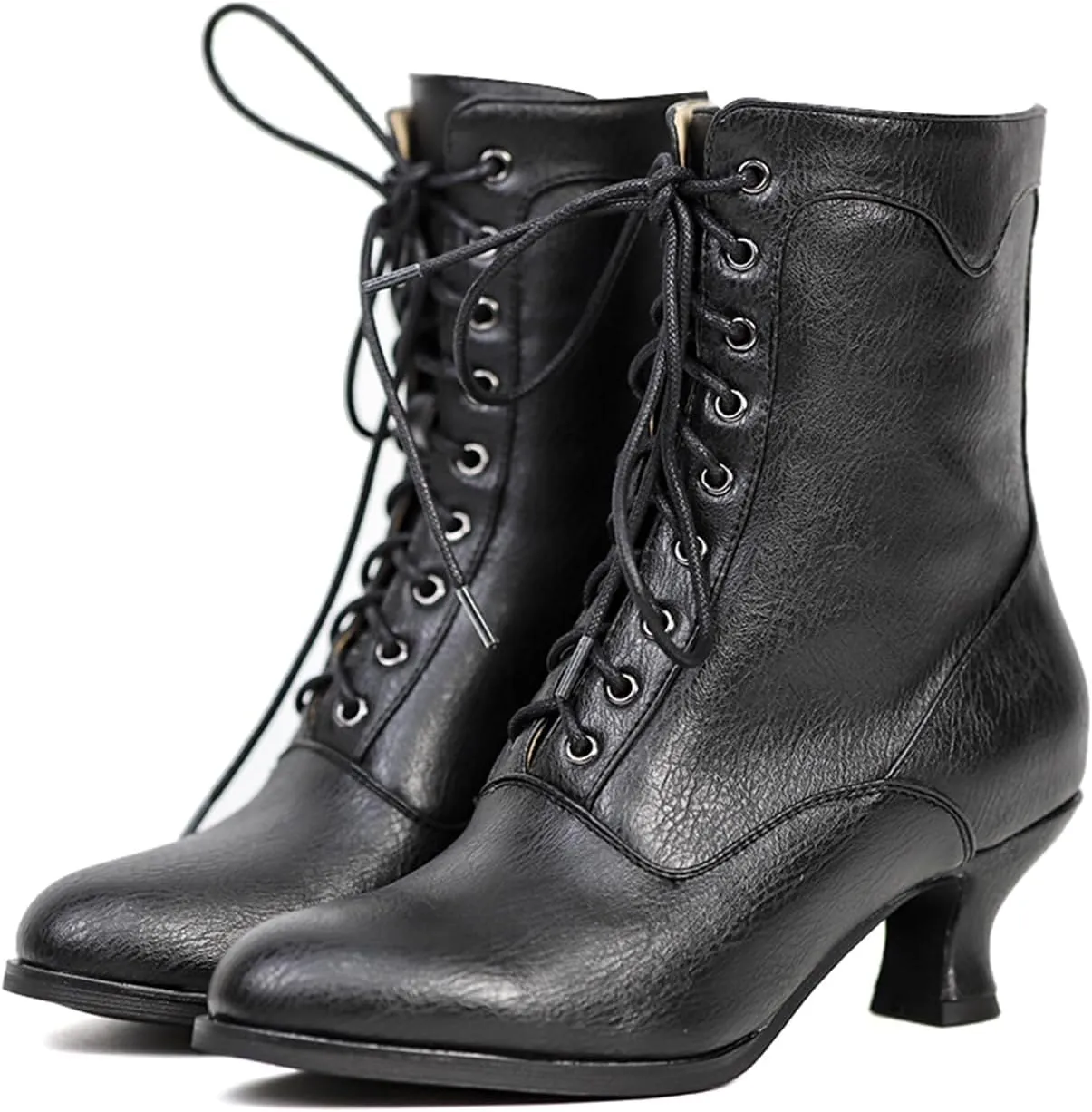 Women's Victorian Ankle Boots - Mid Calf, Round Toe, Black Boots with Chunky Heel & Lace Up Detail