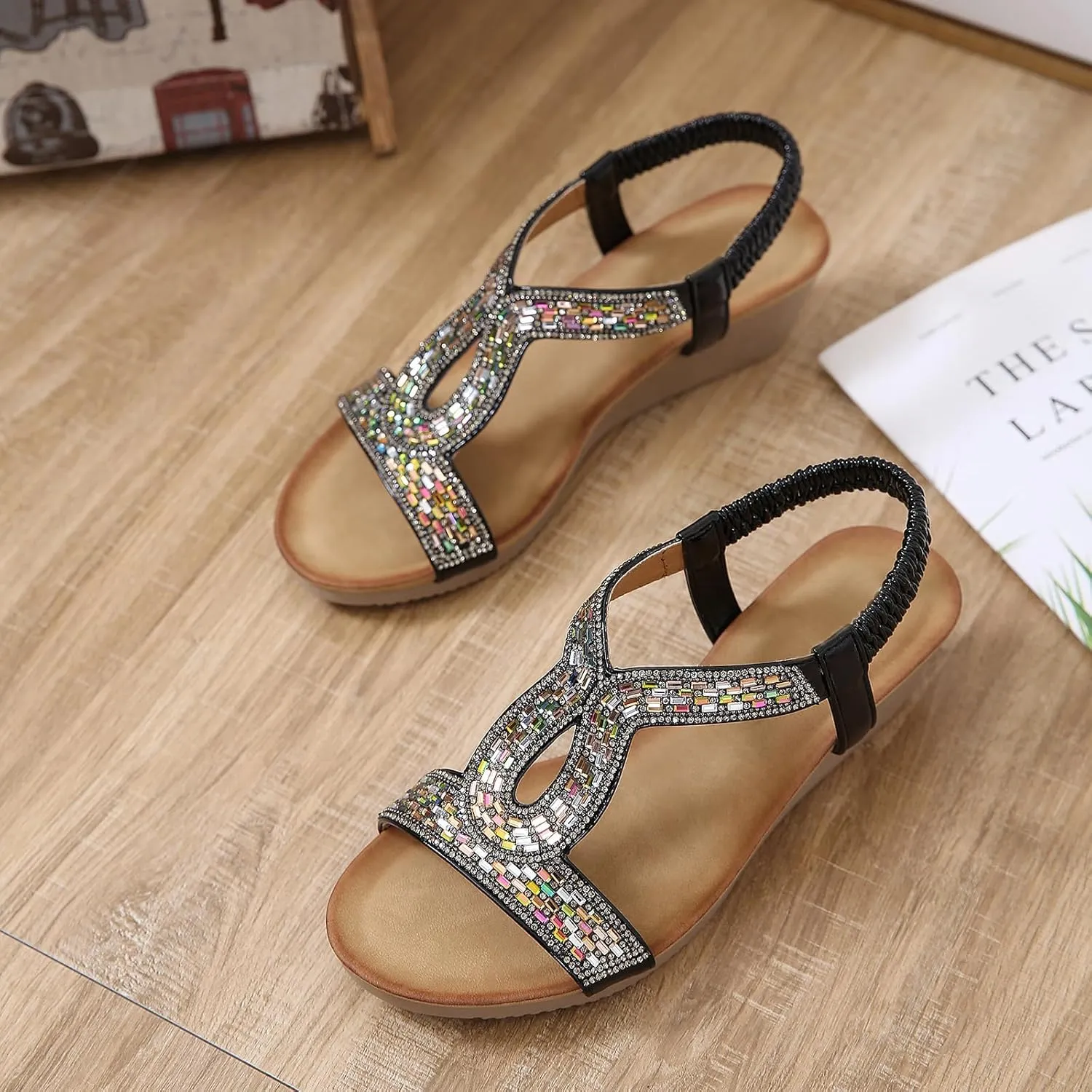 Womens Wedge Sandals, Comfortable Summer Open Toe Sparkly Rhinestone Shoes for Party, Wedding, and Fashion Dress