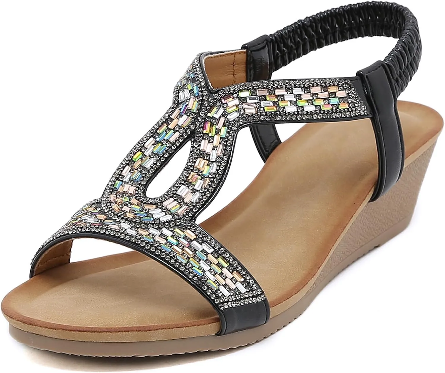 Womens Wedge Sandals, Comfortable Summer Open Toe Sparkly Rhinestone Shoes for Party, Wedding, and Fashion Dress