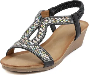 Womens Wedge Sandals, Comfortable Summer Open Toe Sparkly Rhinestone Shoes for Party, Wedding, and Fashion Dress