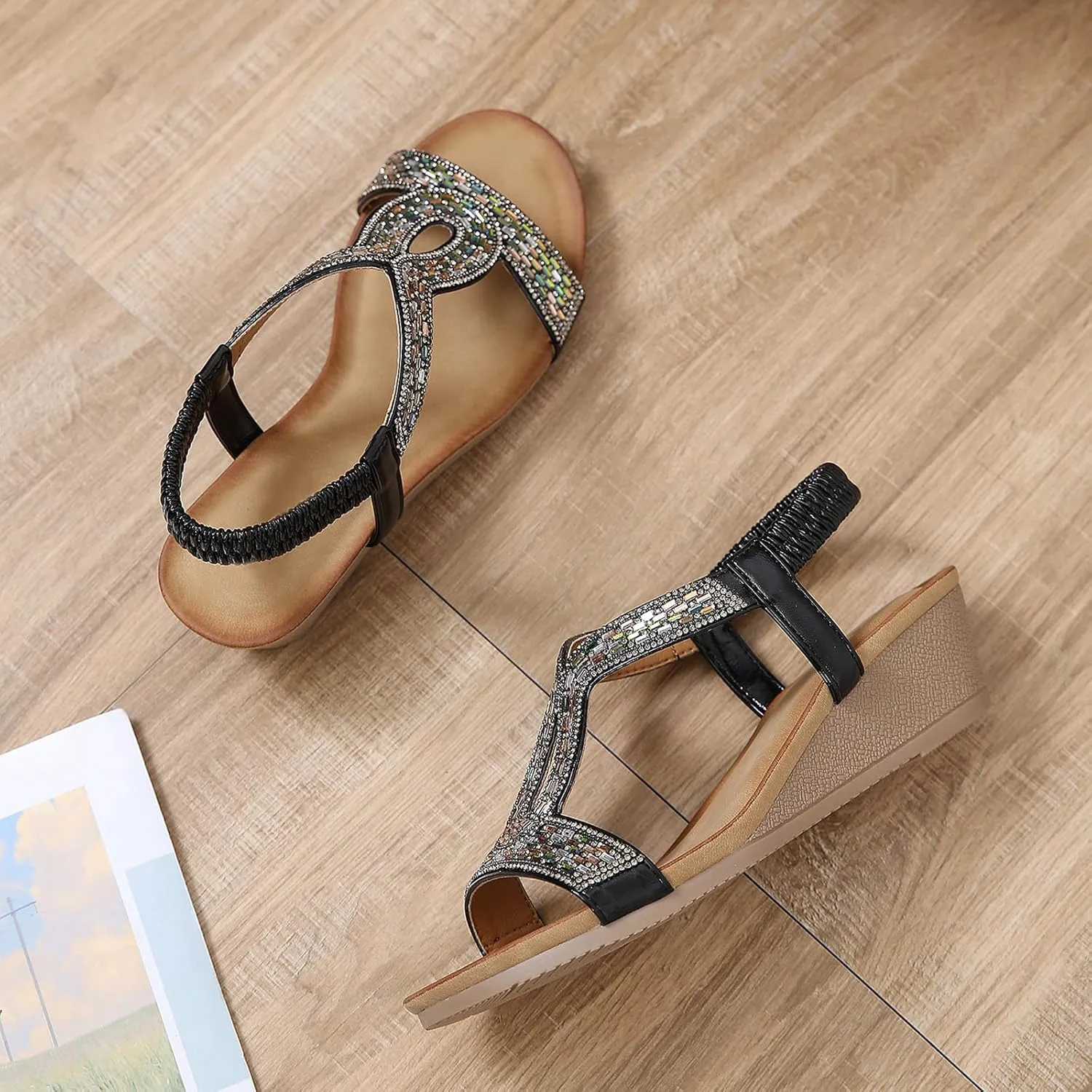 Womens Wedge Sandals, Comfortable Summer Open Toe Sparkly Rhinestone Shoes for Party, Wedding, and Fashion Dress