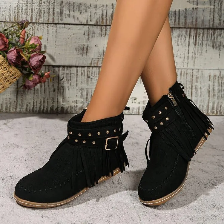 Women's Western Cowboy Boots, Tassel Faux Suede Booties Retro Comfortable Flat Round Toe Fringe Buckle Strap Ankle Boot Low Heel Slip On Short Boots Winter Snow Shoes for Ladies