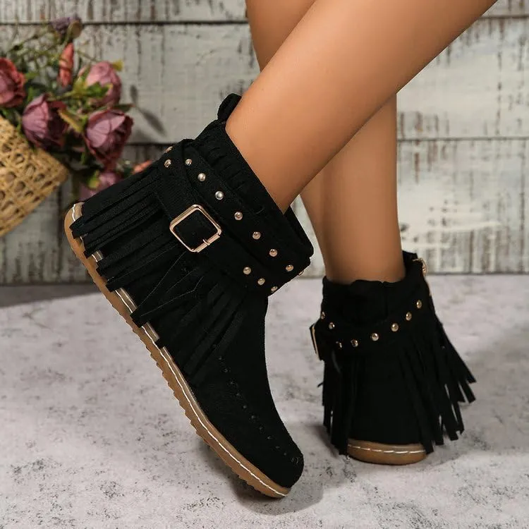 Women's Western Cowboy Boots, Tassel Faux Suede Booties Retro Comfortable Flat Round Toe Fringe Buckle Strap Ankle Boot Low Heel Slip On Short Boots Winter Snow Shoes for Ladies