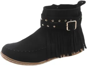 Women's Western Cowboy Boots, Tassel Faux Suede Booties Retro Comfortable Flat Round Toe Fringe Buckle Strap Ankle Boot Low Heel Slip On Short Boots Winter Snow Shoes for Ladies