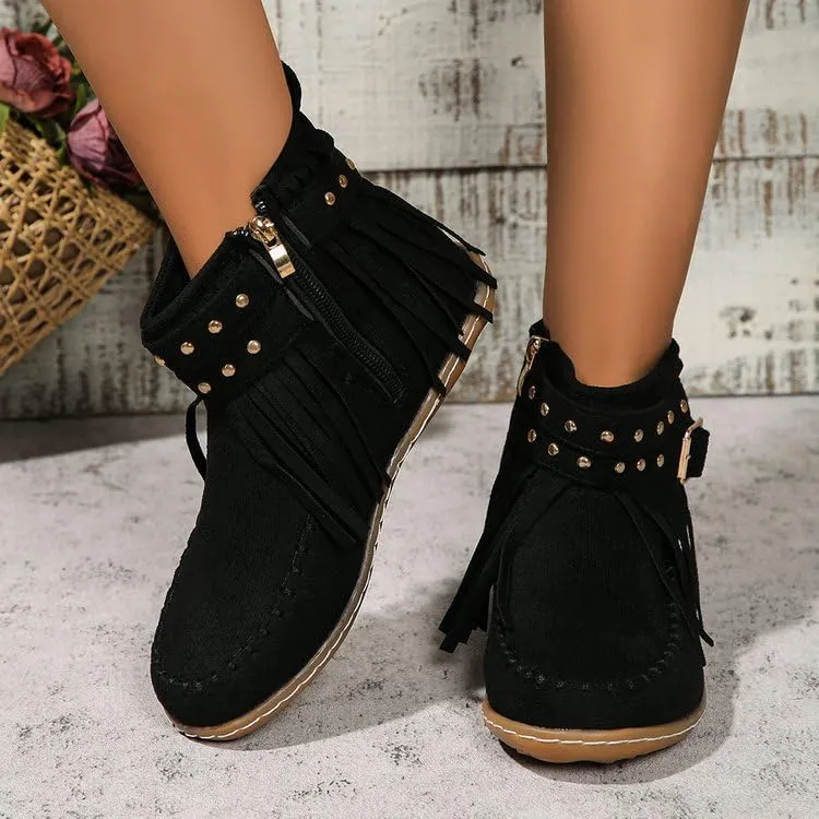 Women's Western Cowboy Boots, Tassel Faux Suede Booties Retro Comfortable Flat Round Toe Fringe Buckle Strap Ankle Boot Low Heel Slip On Short Boots Winter Snow Shoes for Ladies