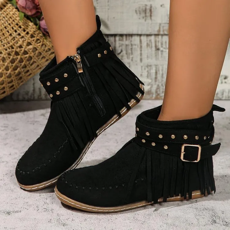 Women's Western Cowboy Boots, Tassel Faux Suede Booties Retro Comfortable Flat Round Toe Fringe Buckle Strap Ankle Boot Low Heel Slip On Short Boots Winter Snow Shoes for Ladies