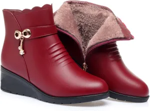 Women's Winter Warm Platform Wedges Ankle Booties Soft Leather Platform Side Zipper Sparkling Rhinestones Fully Fur Lined Thickening Snow Boot