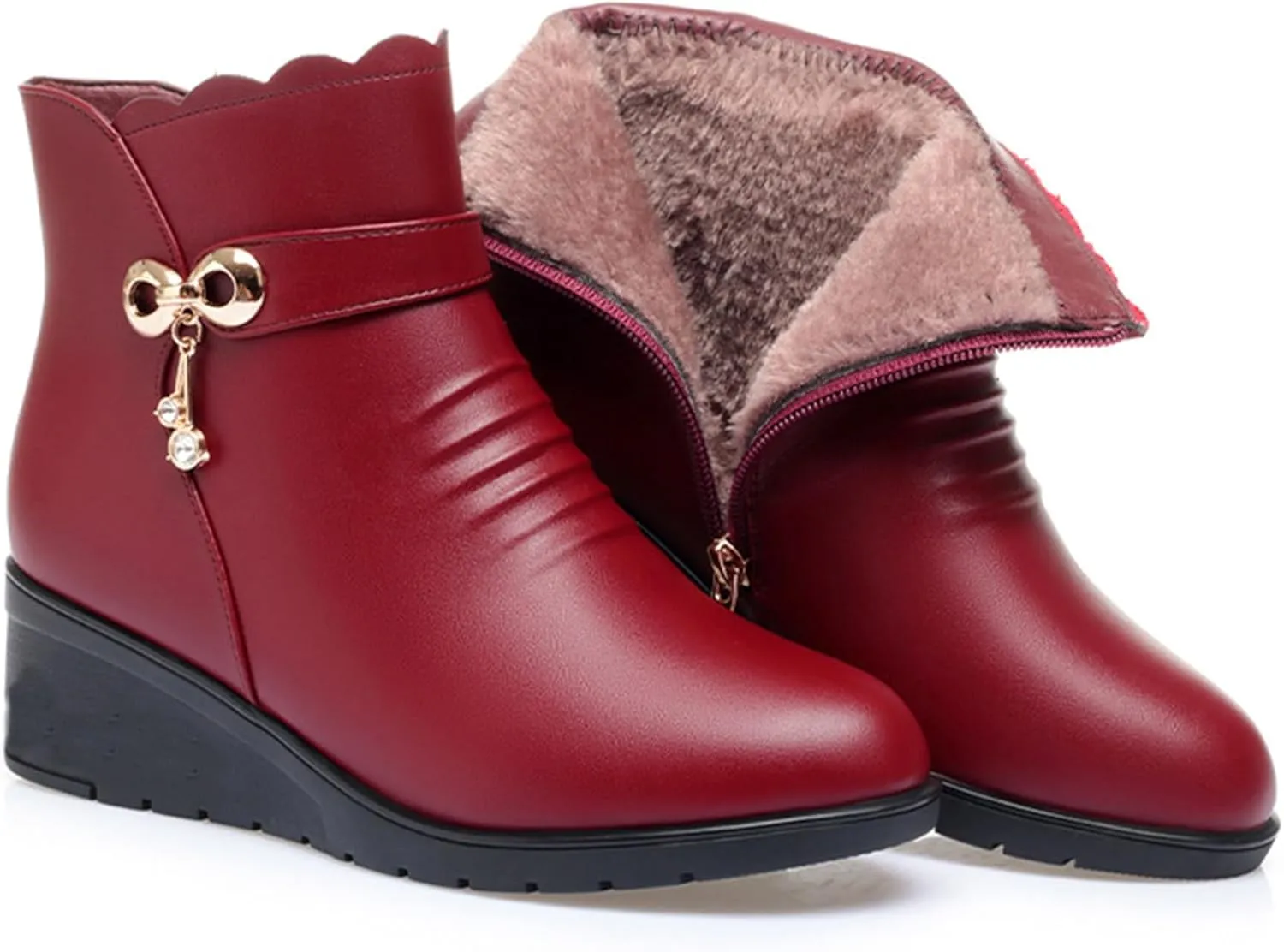 Women's Winter Warm Platform Wedges Ankle Booties Soft Leather Platform Side Zipper Sparkling Rhinestones Fully Fur Lined Thickening Snow Boot