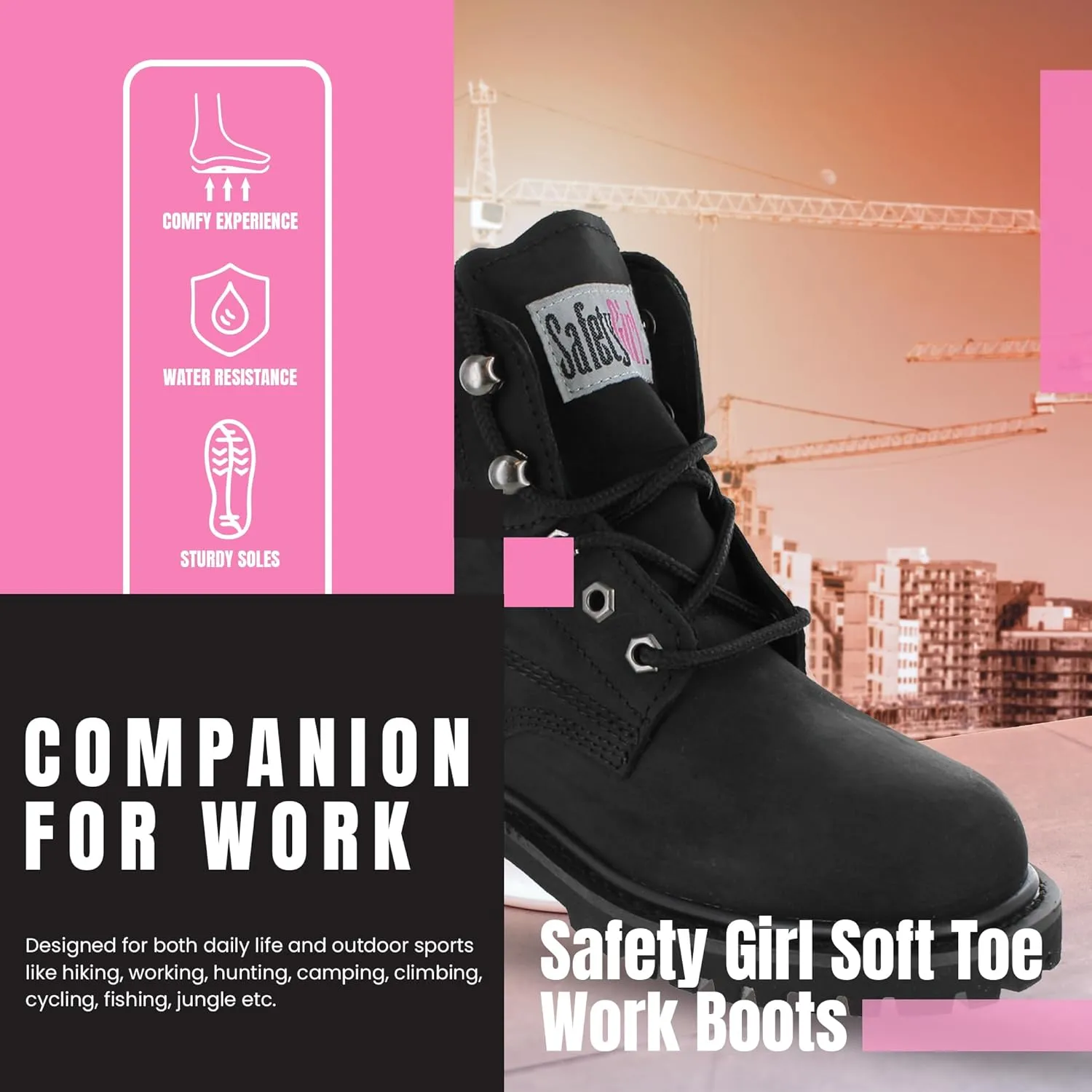 Women’s Work Boots | Waterproof Leather Work Boots for Women | Oil & Slip-Resistant Soft Toe Boots for Women | Premium Nubuck Leather | Lightweight and Comfortable | Black Leather - 7M