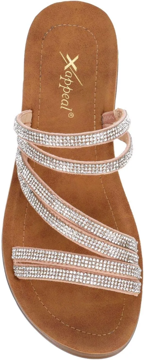 XAPPEAL Women's Scarlett - Strappy Rhinestone Casual Comfort Dressy Flats Sandals for Summer