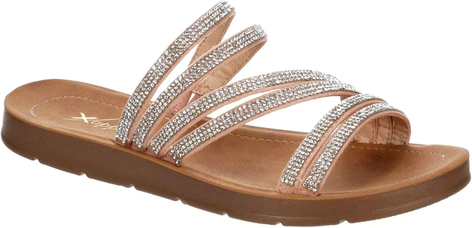 XAPPEAL Women's Scarlett - Strappy Rhinestone Casual Comfort Dressy Flats Sandals for Summer