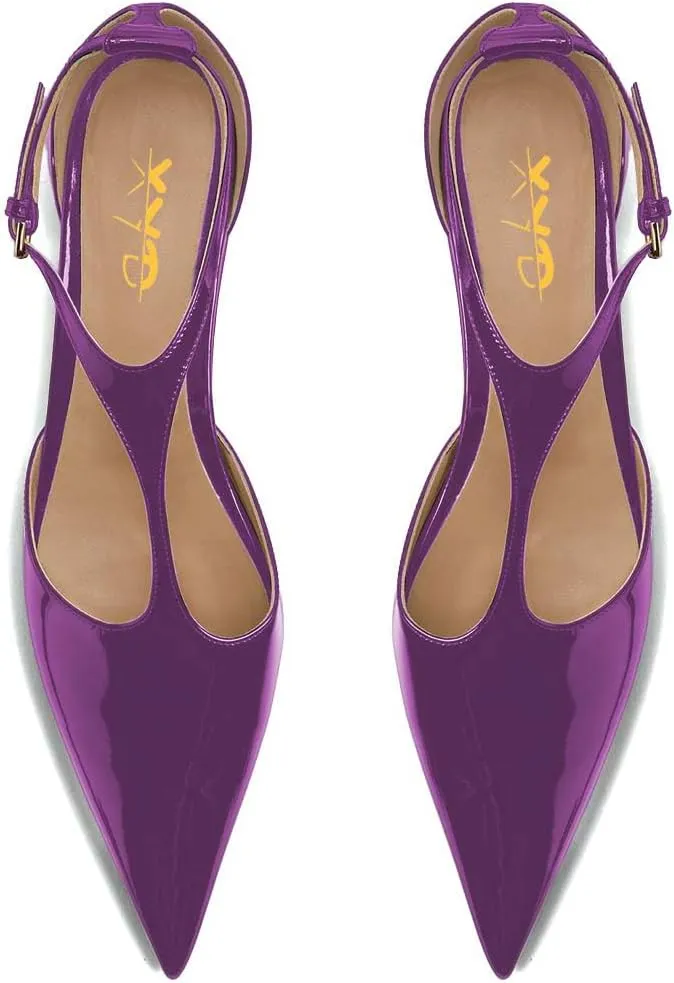 XYD Women Chic Pointed Closed Toe Flats Sleek Low Heel Chunky Slender T-Strap with Buckle Dress Party Casual Shoes