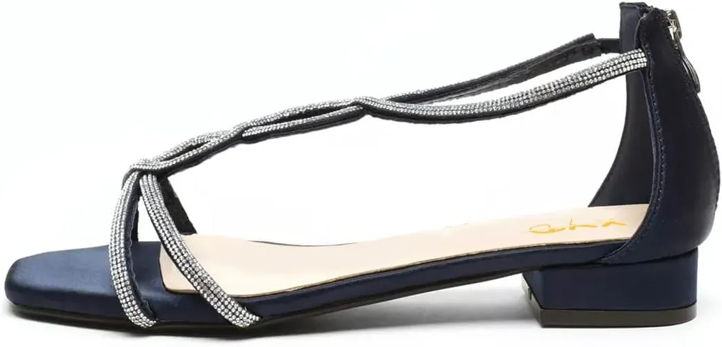XYD Women's Crystal Low Heel Sandals Square Open Toe Snakelike T-Bar Strappy Flats with Back Zip Stylish Dress Shoes