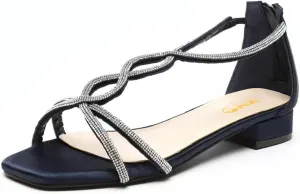 XYD Women's Crystal Low Heel Sandals Square Open Toe Snakelike T-Bar Strappy Flats with Back Zip Stylish Dress Shoes