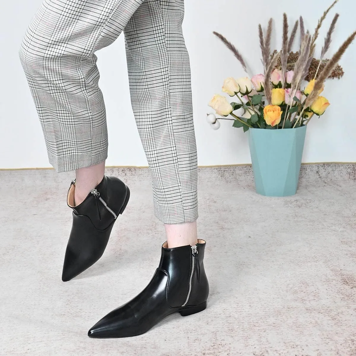 XYD Women's Formal Pointed Closed Toe Flats Ankle Boots Low Heel Booties Office Dress Shoes with Double Side Zippers