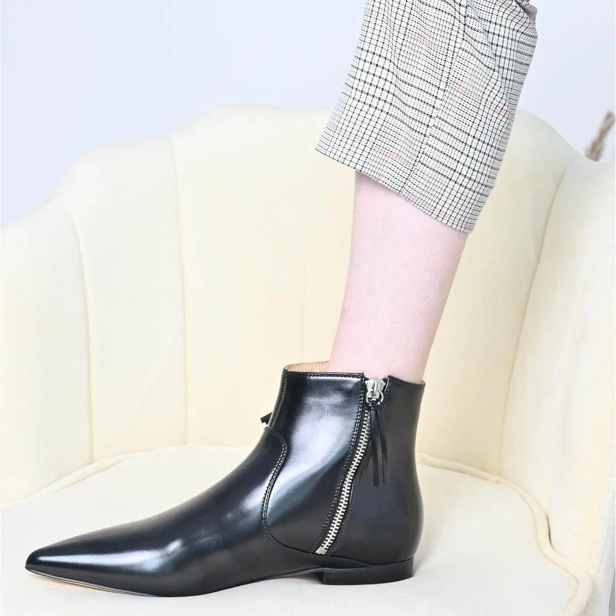 XYD Women's Formal Pointed Closed Toe Flats Ankle Boots Low Heel Booties Office Dress Shoes with Double Side Zippers