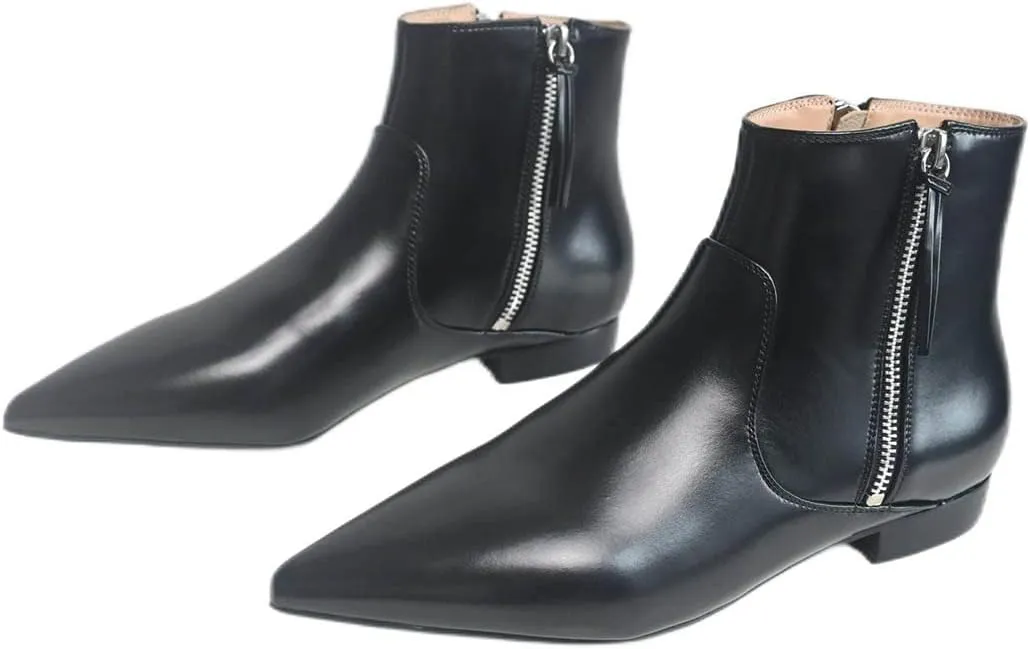 XYD Women's Formal Pointed Closed Toe Flats Ankle Boots Low Heel Booties Office Dress Shoes with Double Side Zippers