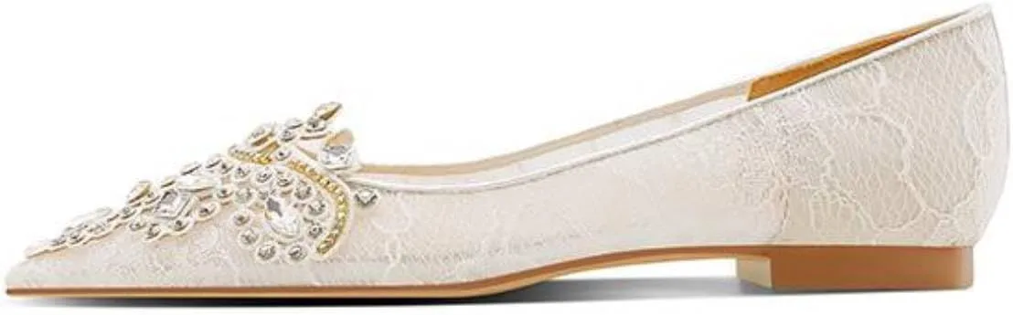 XYD Women's Sense of Luxury Pointed Toe Jewelry Pearl Studs Slip On Embroidery Low Heel Flats Comfortable Wedding Elegant Dress Shoes