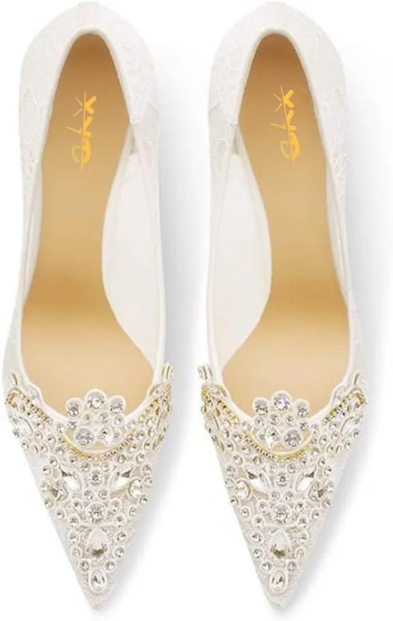 XYD Women's Sense of Luxury Pointed Toe Jewelry Pearl Studs Slip On Embroidery Low Heel Flats Comfortable Wedding Elegant Dress Shoes
