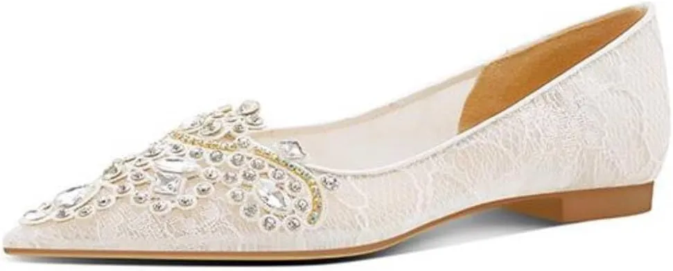 XYD Women's Sense of Luxury Pointed Toe Jewelry Pearl Studs Slip On Embroidery Low Heel Flats Comfortable Wedding Elegant Dress Shoes