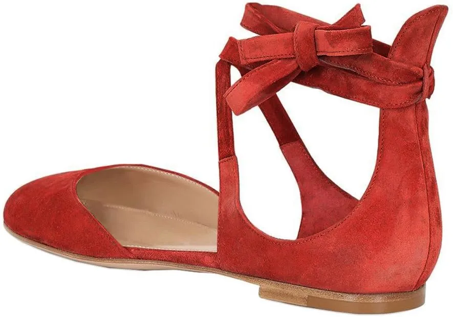 YDN Women Chic Round Toe Ankle Wrap D'Orsay Ballet Flats Lace Up Cutout Faux Suede Ballerina Dress Shoes