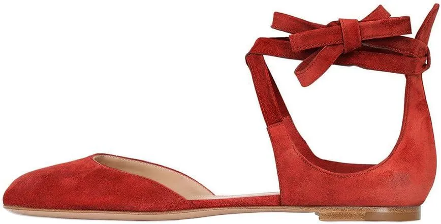 YDN Women Chic Round Toe Ankle Wrap D'Orsay Ballet Flats Lace Up Cutout Faux Suede Ballerina Dress Shoes
