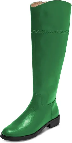 YDN Women Fashion Knee High Boots Round Toe Braid Flats Block Low Heels Zippers Shoes Party Shopping Daily Size 4-16 US