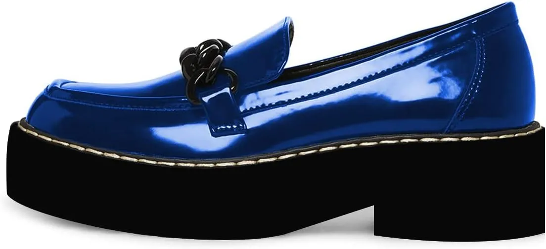 YDN Women Thick Platform Penny Loafers Round Toe Chunky Low Heel Pumps Chain Slip on Outdoor Walking Shoes Size 4-15 US
