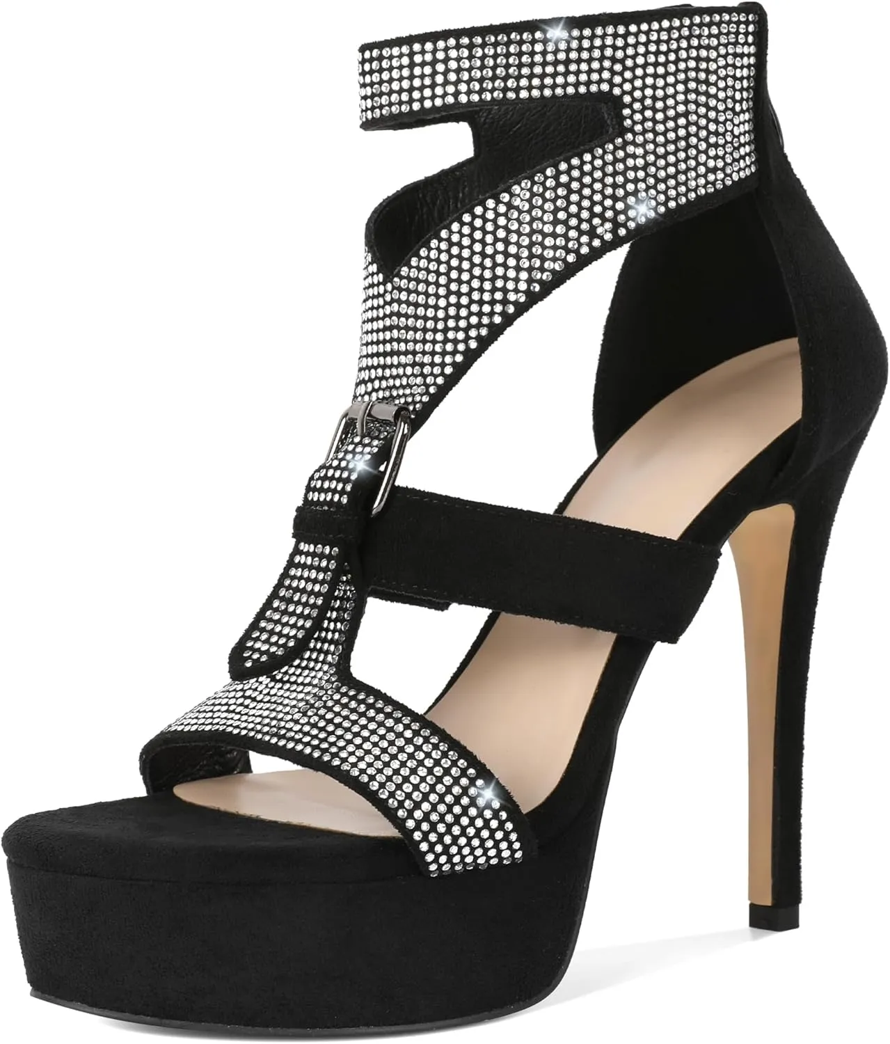 Zamikoo High Heel Sandals Women Open Toe Platform Heels Strappy Rhinestone Stiletto Heeled Sandals Sparkly High Heels for Dress Summer 5 Inches Suede Black US Size 6