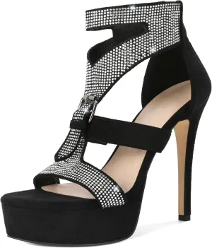 Zamikoo High Heel Sandals Women Open Toe Platform Heels Strappy Rhinestone Stiletto Heeled Sandals Sparkly High Heels for Dress Summer 5 Inches Suede Black US Size 6