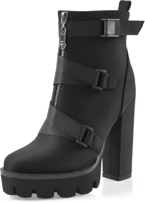 Z.Oufeier Women's Platform Ankle Boots Fashion Chunky Heel Lug Sole Combat Boots Lace Up High Heeled Booties